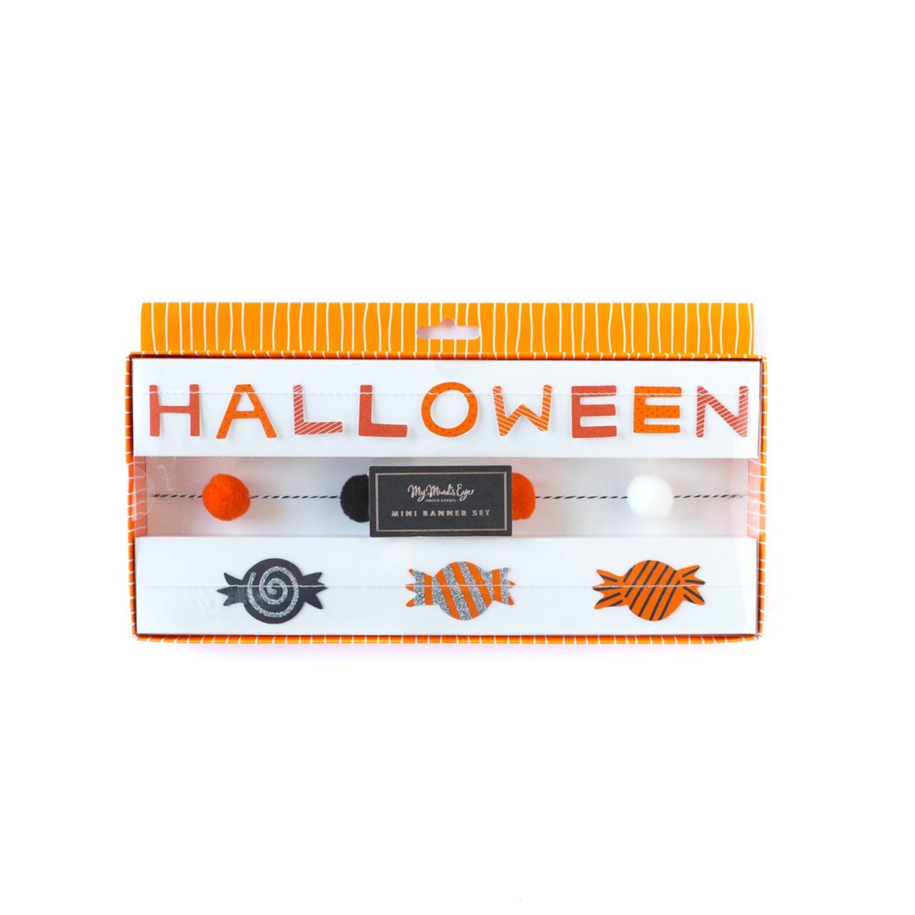 Halloween Mini Banner Set – 3-Piece Spooky Décor with Pom-Poms, Glitter Candy & Text for Party or Mantel